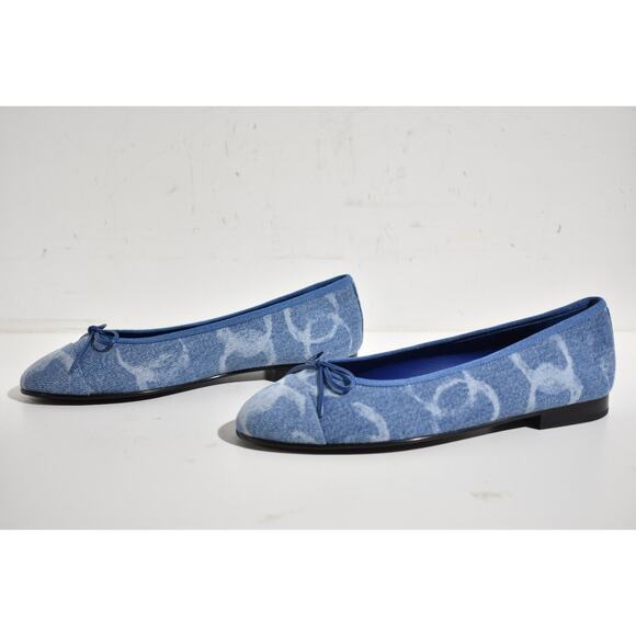 Chanel 23B Printed Denim Blue White CC Logo Bow Tie Ballet Ballerina Flat 36 - Picture 10 of 12